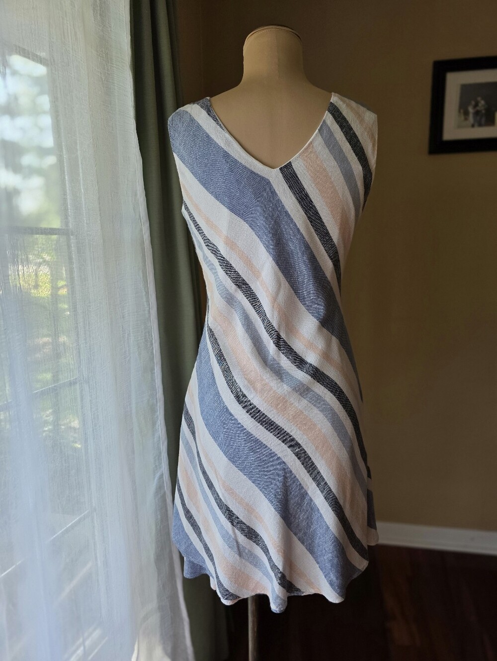 Striped Linen Blend Sleeveless Midi Dress Blue Pink White V-Neck Lined Size S - Picture 4 of 13